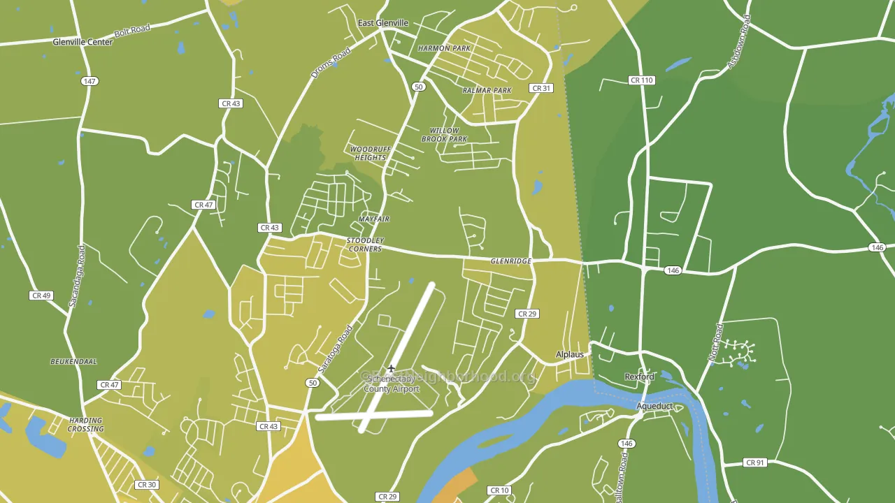 Map of the best neighborhoods in the East Glenville area, with better matches in green and worse matches in red