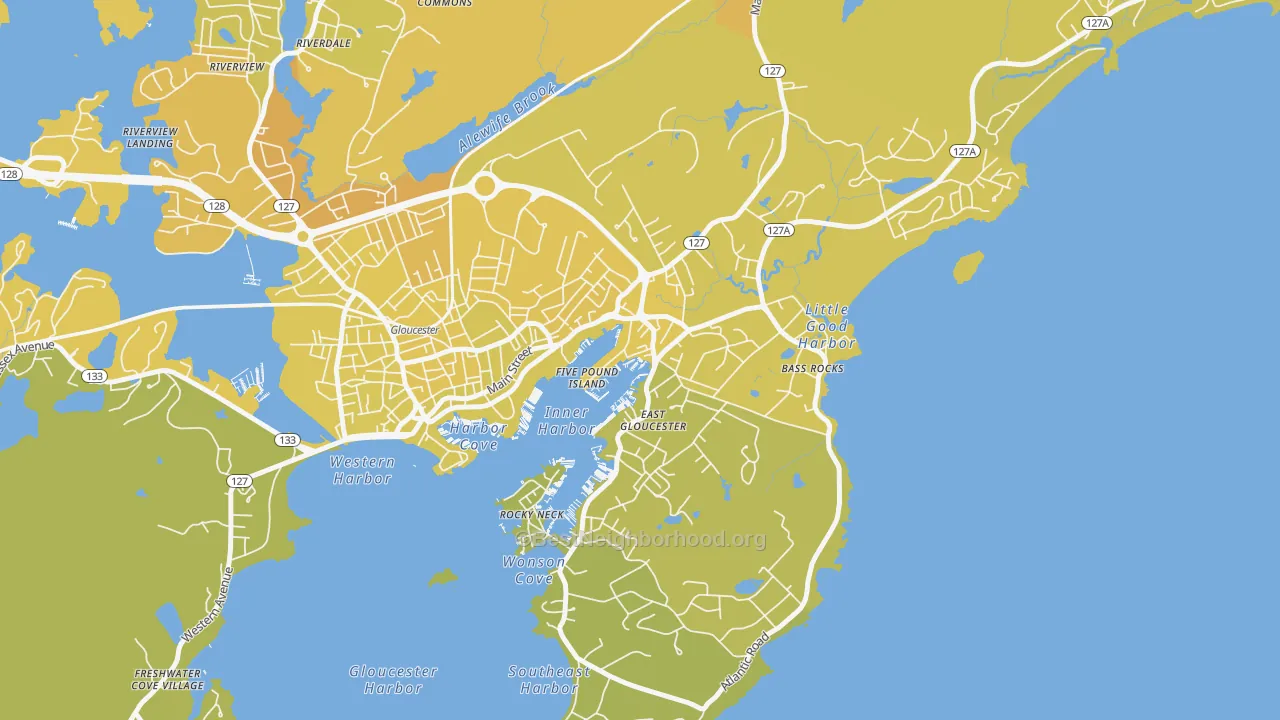 Map of the best neighborhoods in the East Gloucester, Gloucester area, with better matches in green and worse matches in red