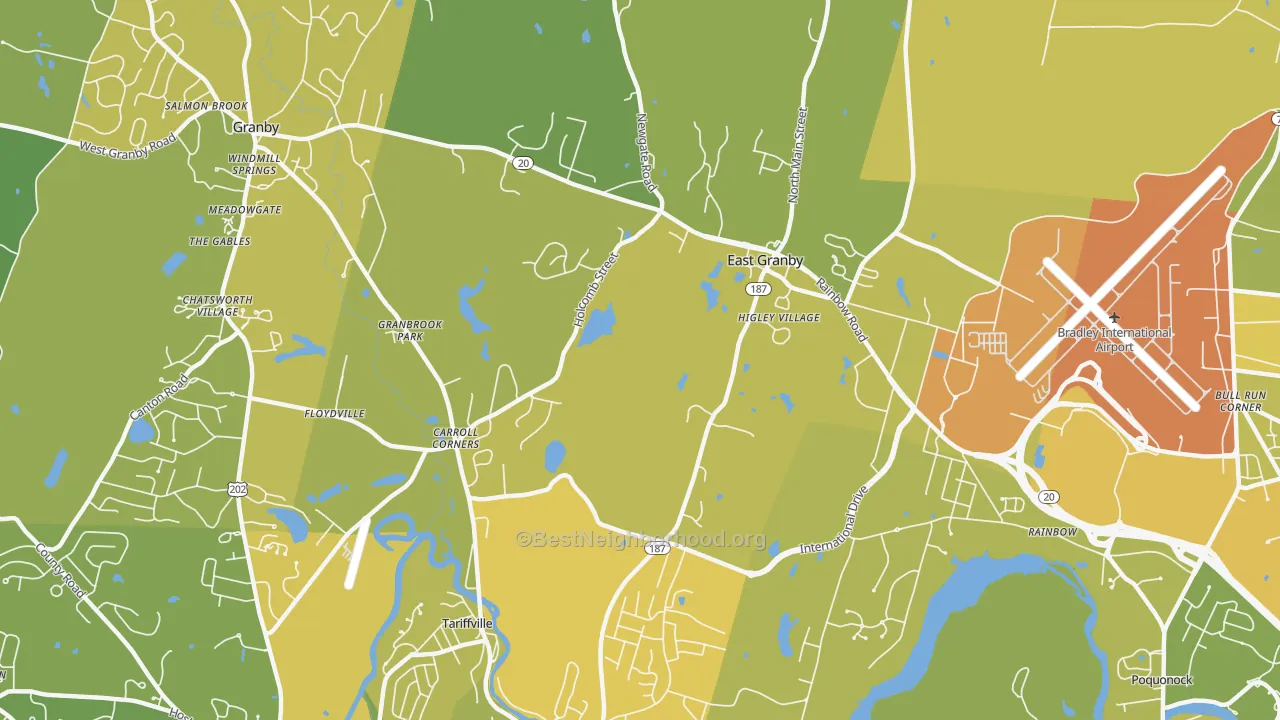 Map of the best neighborhoods in the East Granby area, with better matches in green and worse matches in red