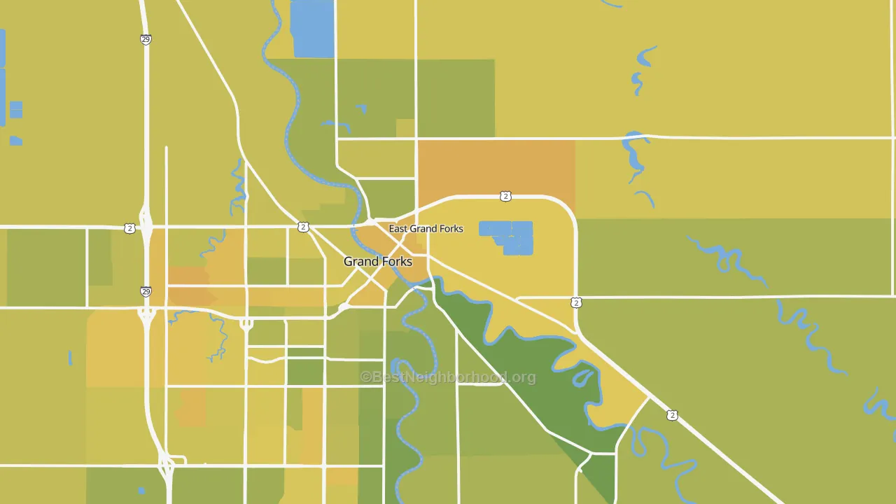 Map of the best neighborhoods in the East Grand Forks area, with better matches in green and worse matches in red