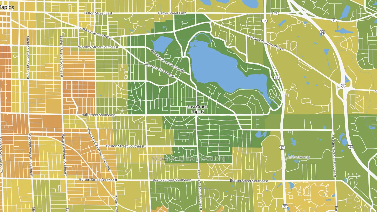 Map of the best neighborhoods in the East Grand Rapids area, with better matches in green and worse matches in red