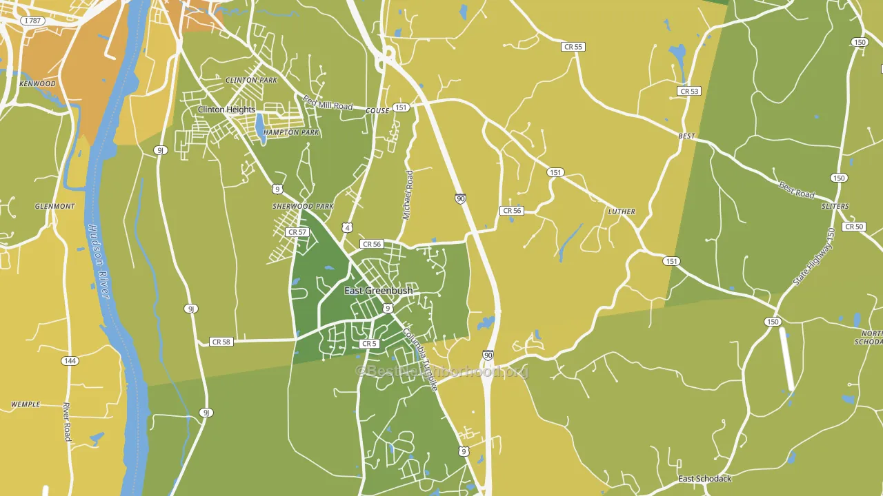Map of the best neighborhoods in the East Greenbush area, with better matches in green and worse matches in red