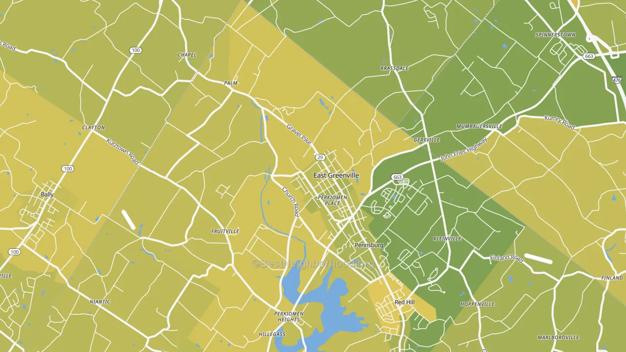 Map of the best neighborhoods in the East Greenville area, with better matches in green and worse matches in red
