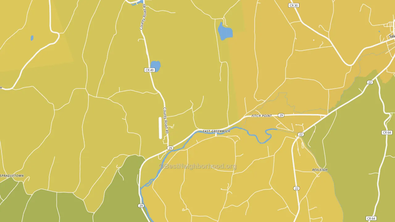 Map of the best neighborhoods in the East Greenwich area, with better matches in green and worse matches in red