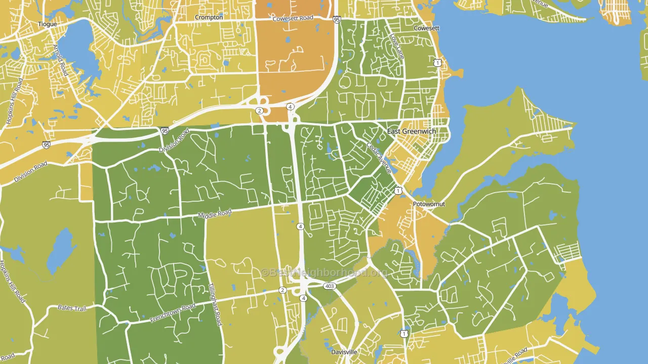 Map of the best neighborhoods in the East Greenwich area, with better matches in green and worse matches in red