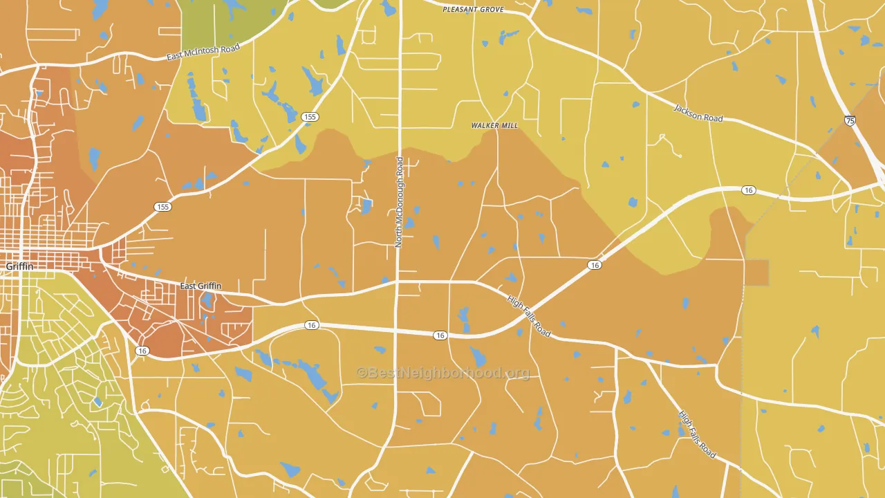 Map of the best neighborhoods in the East Griffin area, with better matches in green and worse matches in red