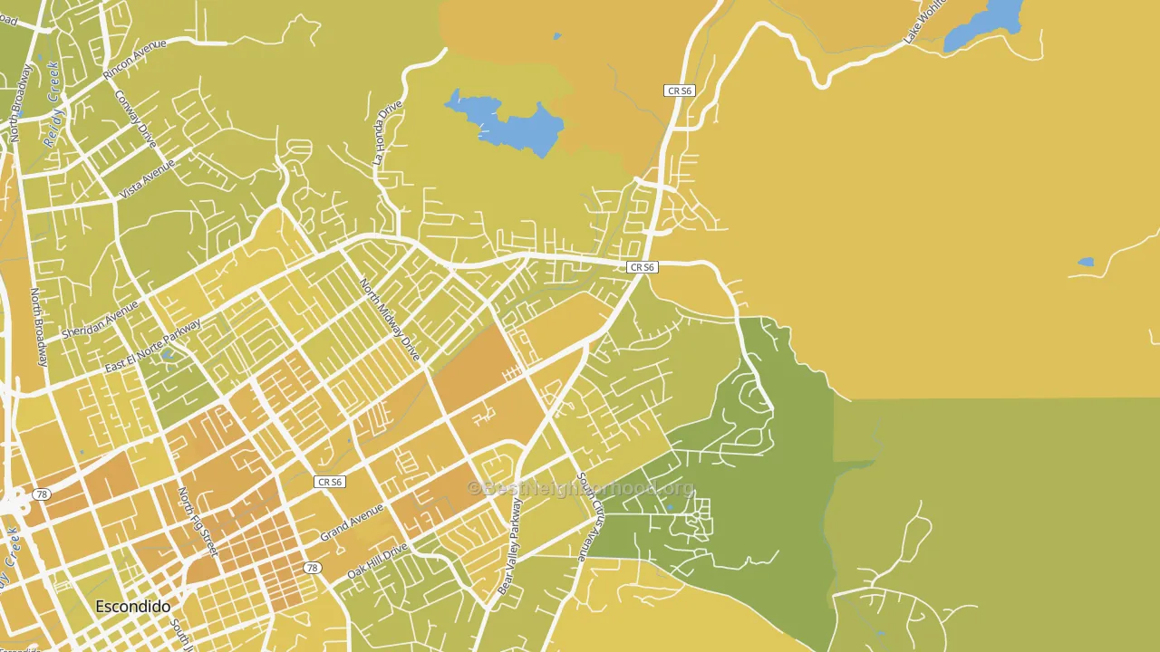 Map of the best neighborhoods in the East Grove, Escondido area, with better matches in green and worse matches in red