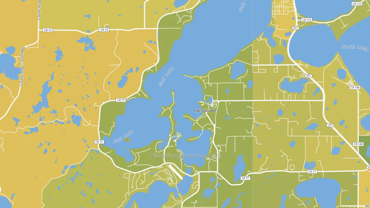 Map of the best neighborhoods in the East Gull Lake area, with better matches in green and worse matches in red