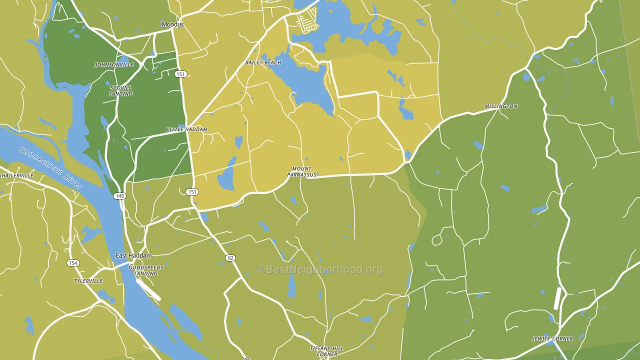 Map of the best neighborhoods in the East Haddam area, with better matches in green and worse matches in red