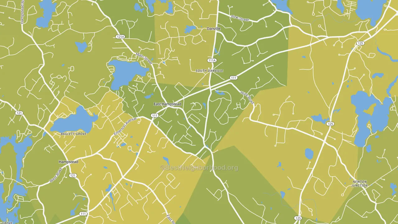 Map of the best neighborhoods in the East Hampstead area, with better matches in green and worse matches in red