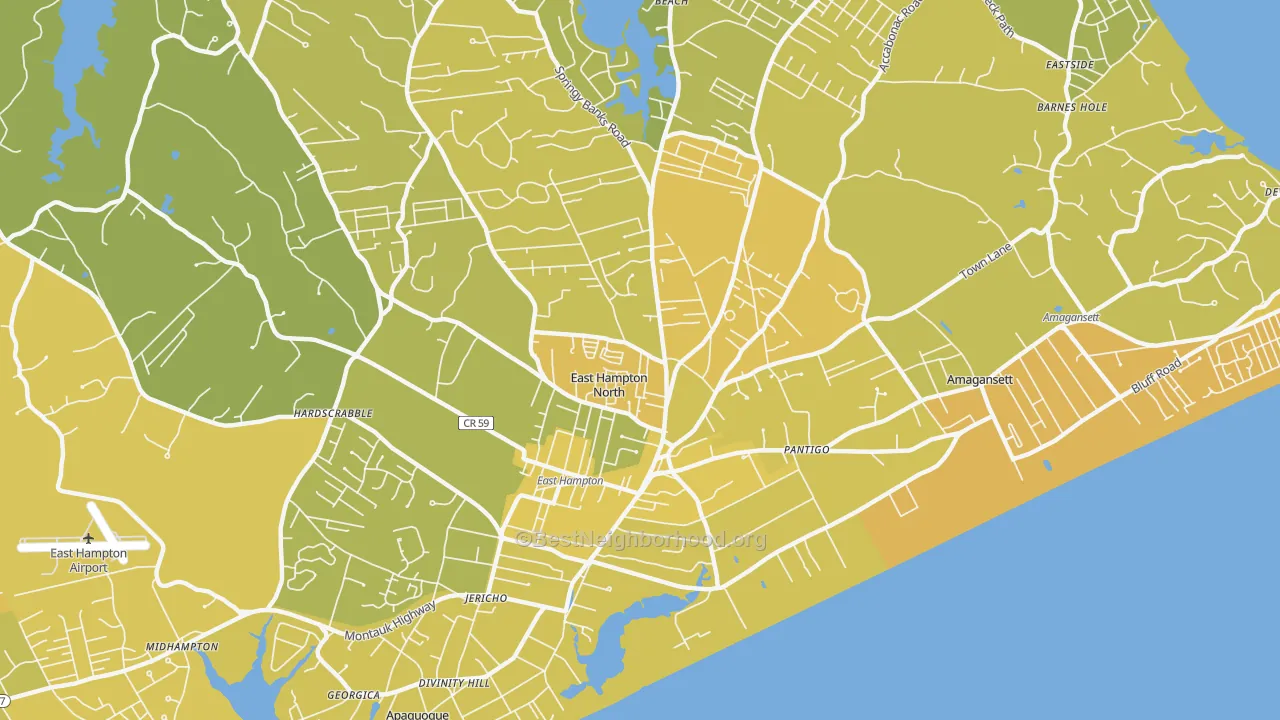 Map of the best neighborhoods in the East Hampton North area, with better matches in green and worse matches in red