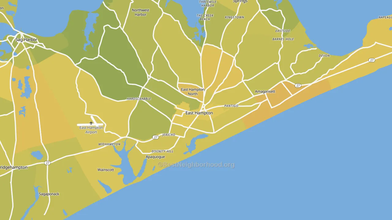 Map of the best neighborhoods in the East Hampton area, with better matches in green and worse matches in red