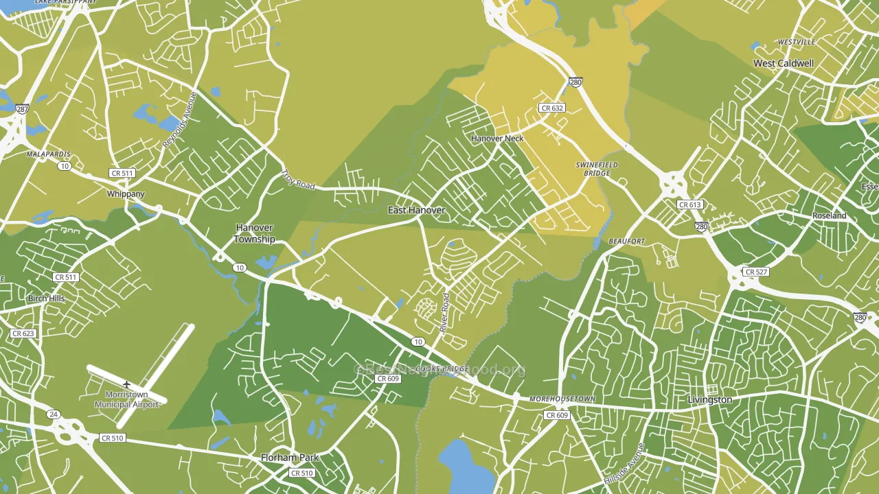 Map of the best neighborhoods in the East Hanover area, with better matches in green and worse matches in red