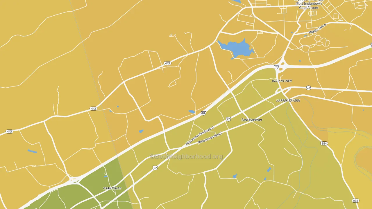 Map of the best neighborhoods in the East Hanover area, with better matches in green and worse matches in red