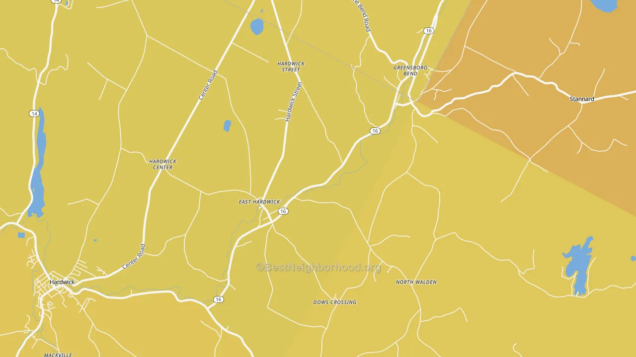 Map of the best neighborhoods in the East Hardwick area, with better matches in green and worse matches in red