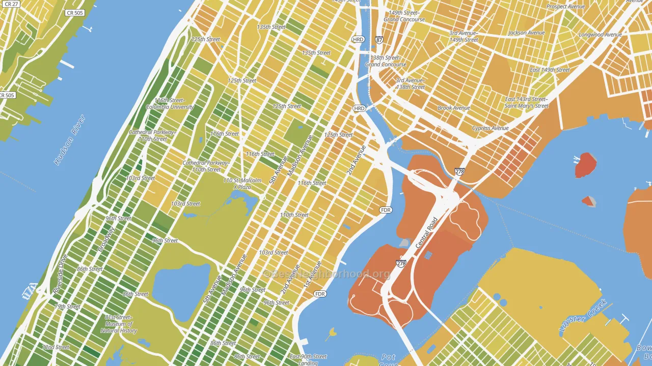 Map of the best neighborhoods in the East Harlem, Manhattan area, with better matches in green and worse matches in red