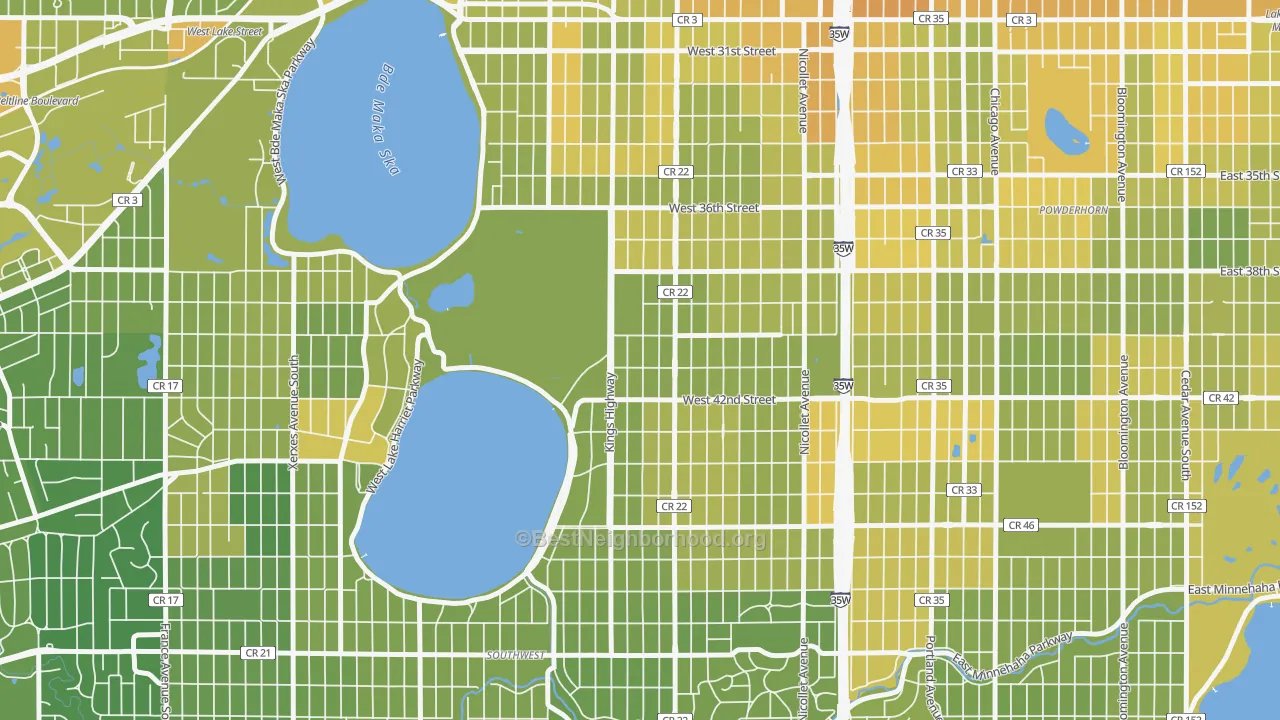 Map of the best neighborhoods in the East Harriet, Minneapolis area, with better matches in green and worse matches in red