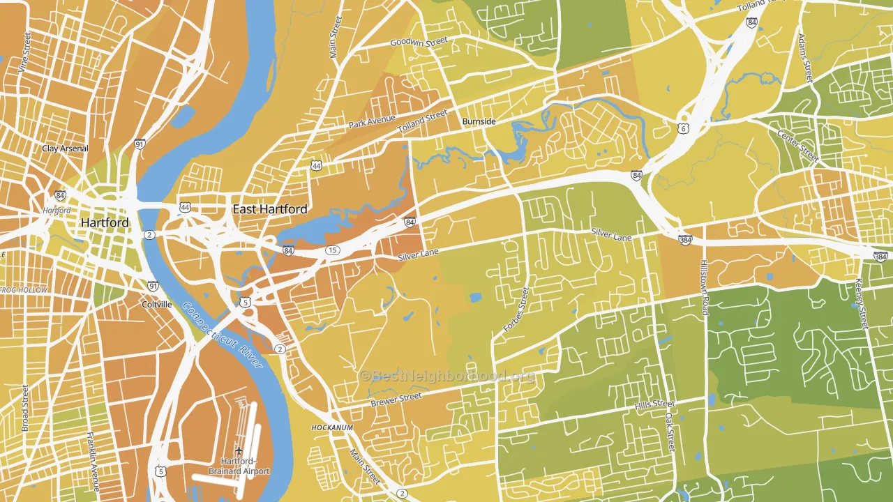 Map of the best neighborhoods in the East Hartford area, with better matches in green and worse matches in red