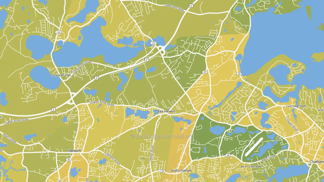 Map of the best neighborhoods in the East Harwich area, with better matches in green and worse matches in red