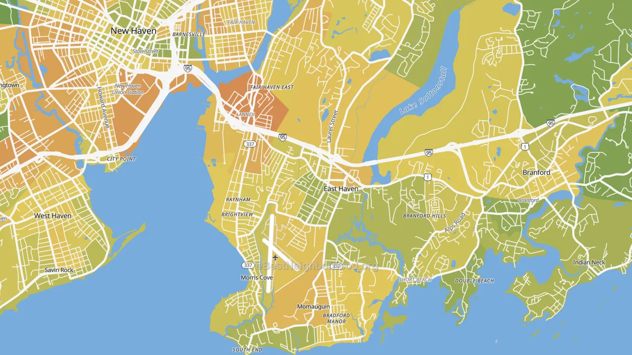 Map of the best neighborhoods in the East Haven area, with better matches in green and worse matches in red