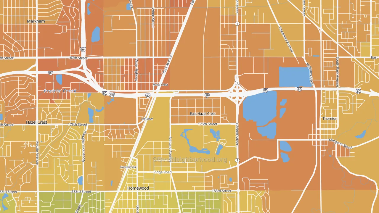 Map of the best neighborhoods in the East Hazel Crest area, with better matches in green and worse matches in red
