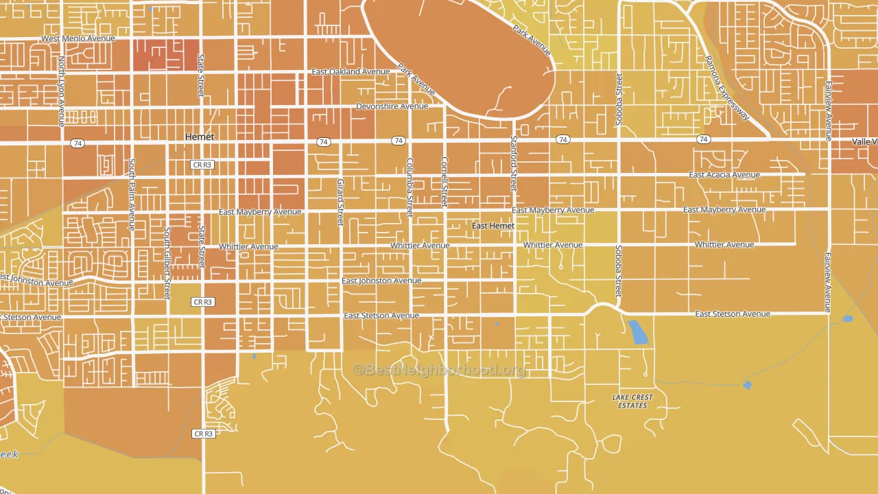 Map of the best neighborhoods in the East Hemet area, with better matches in green and worse matches in red