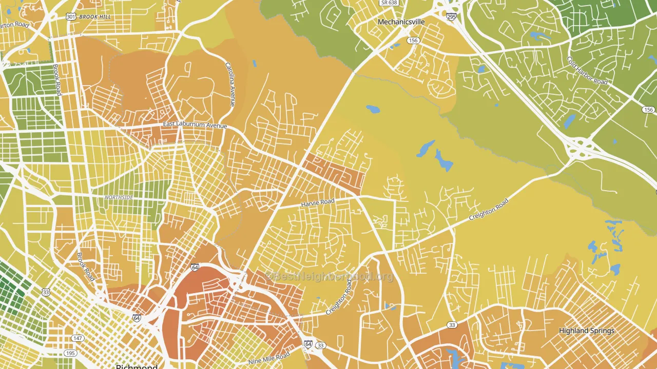 Map of the best neighborhoods in the East Highland Park area, with better matches in green and worse matches in red