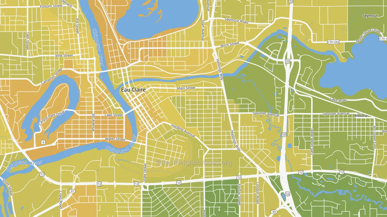 Map of the best neighborhoods in the East Hill, Eau Claire area, with better matches in green and worse matches in red