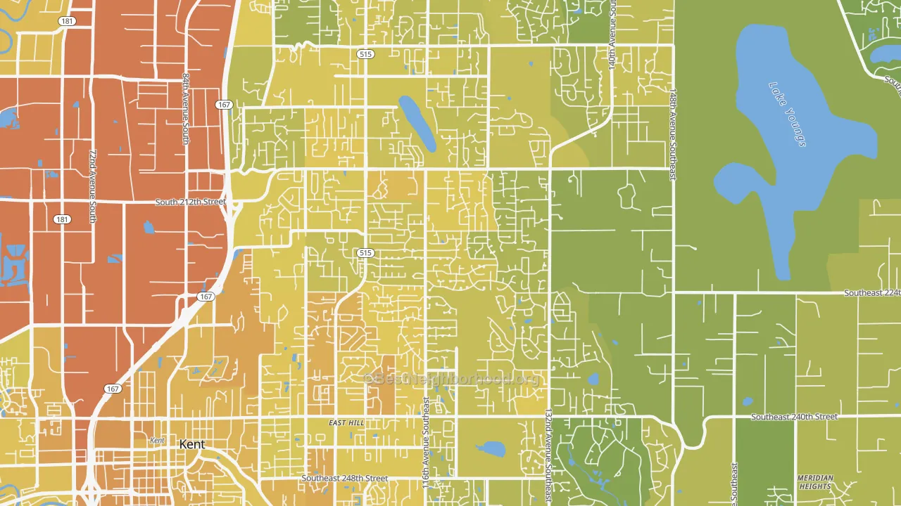 Map of the best neighborhoods in the East Hill-Meridian area, with better matches in green and worse matches in red