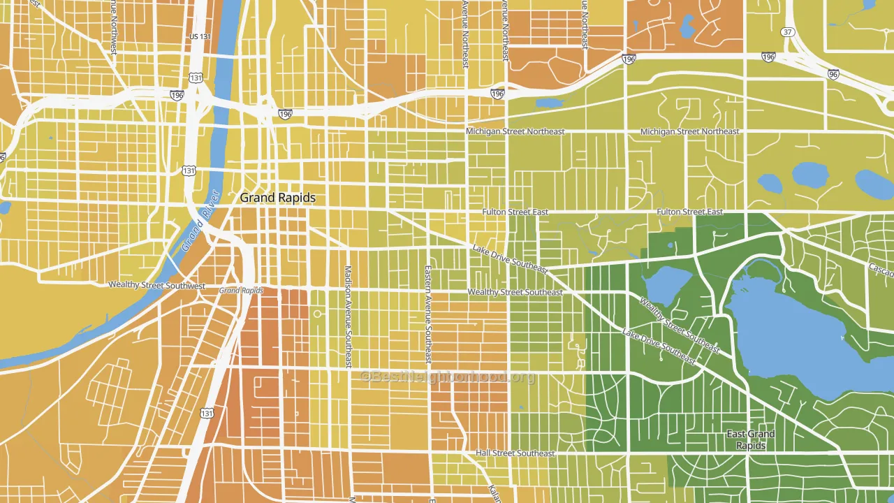Map of the best neighborhoods in the East Hills, Grand Rapids area, with better matches in green and worse matches in red