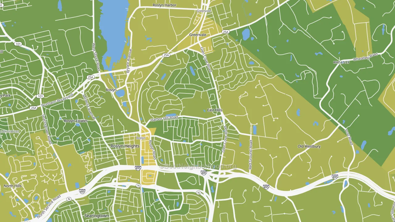 Map of the best neighborhoods in the East Hills area, with better matches in green and worse matches in red
