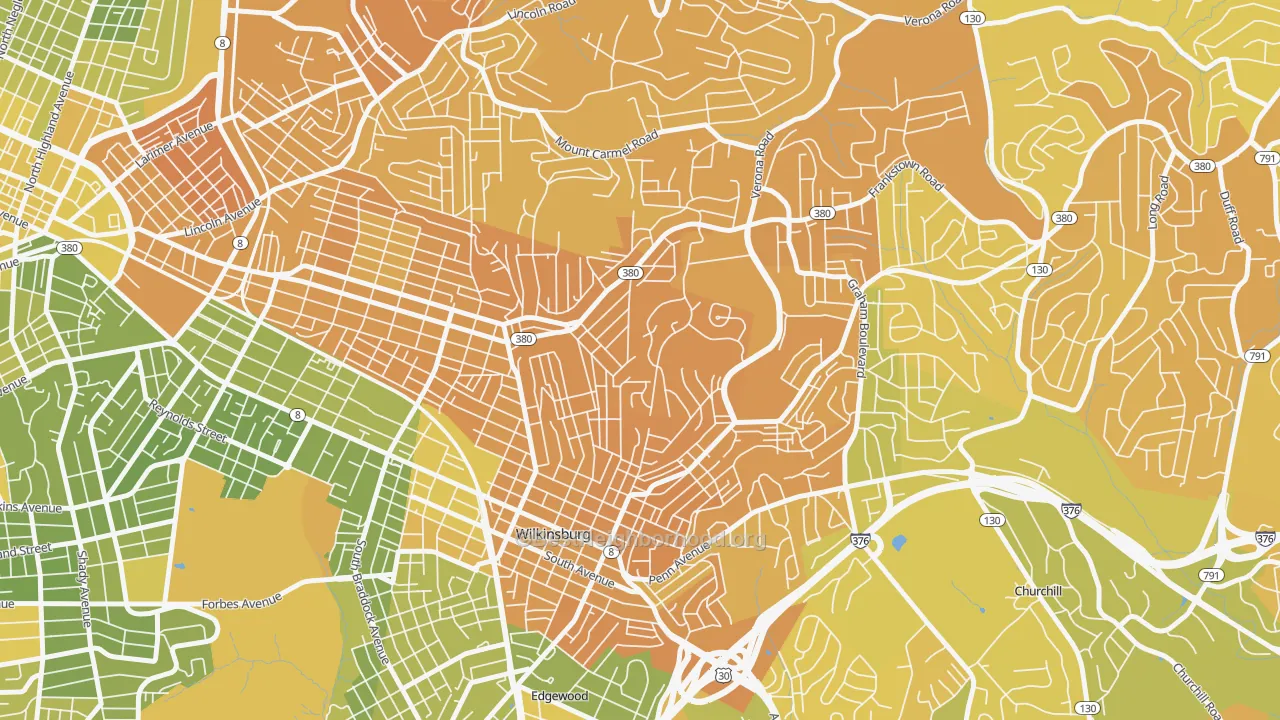 Map of the best neighborhoods in the East Hills, Pittsburgh area, with better matches in green and worse matches in red