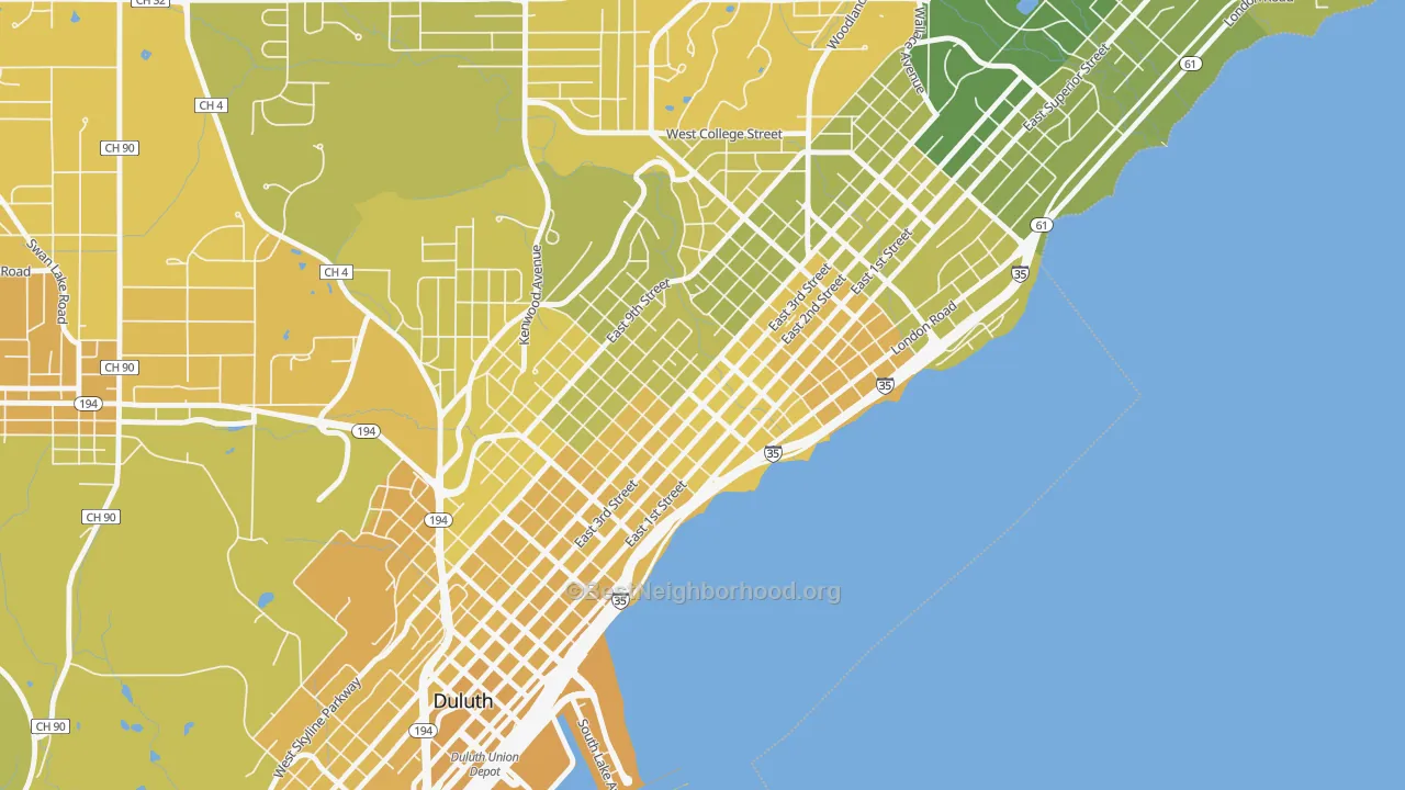 Map of the best neighborhoods in the East Hillside, Duluth area, with better matches in green and worse matches in red