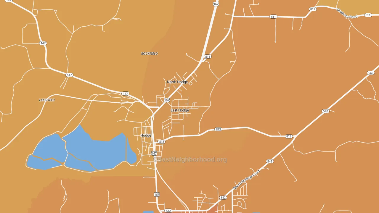 Map of the best neighborhoods in the East Hodge area, with better matches in green and worse matches in red