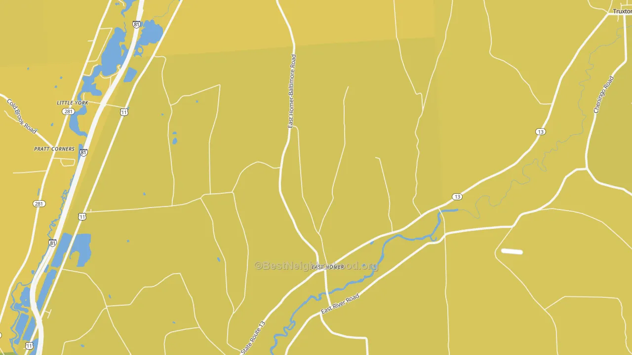Map of the best neighborhoods in the East Homer area, with better matches in green and worse matches in red