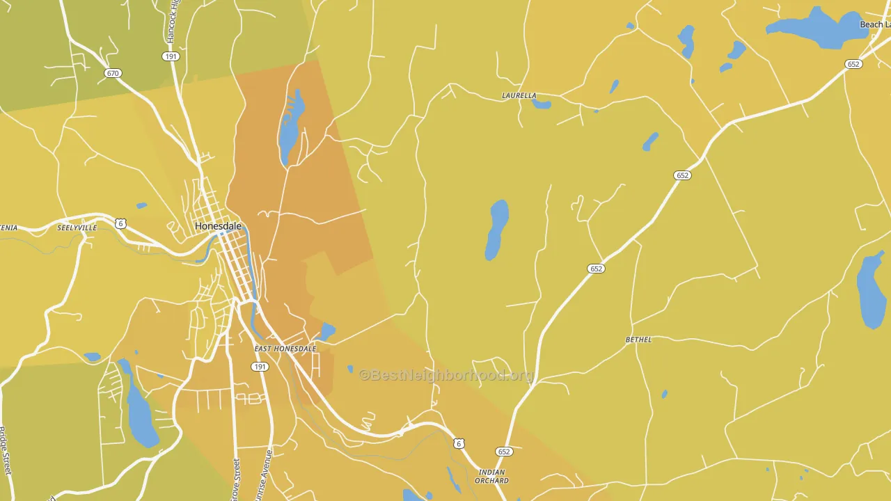 Map of the best neighborhoods in the East Honesdale area, with better matches in green and worse matches in red