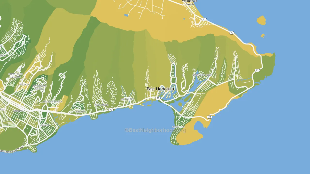 Map of the best neighborhoods in the East Honolulu area, with better matches in green and worse matches in red