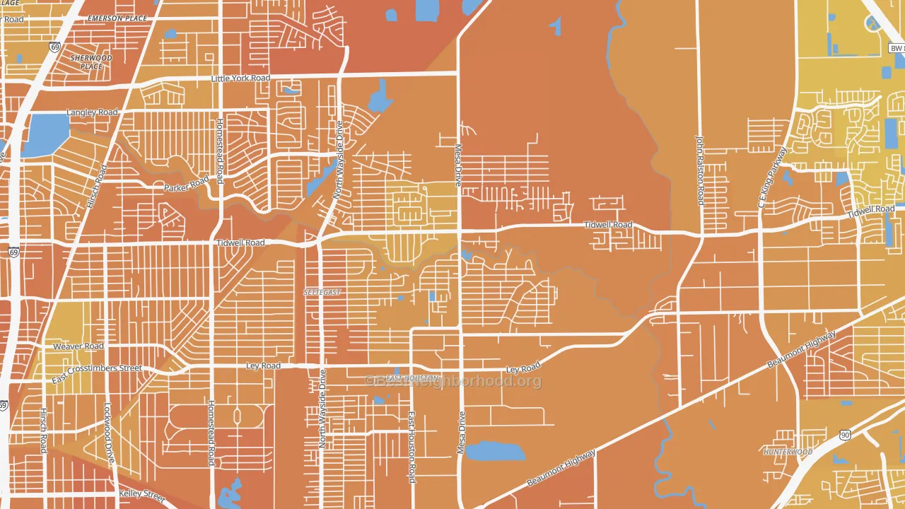 Map of the best neighborhoods in the East Houston, Houston area, with better matches in green and worse matches in red