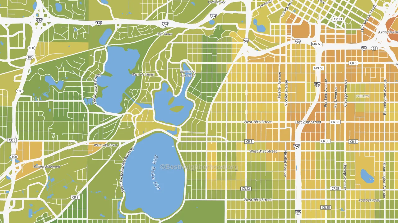Map of the best neighborhoods in the East Isles, Minneapolis area, with better matches in green and worse matches in red