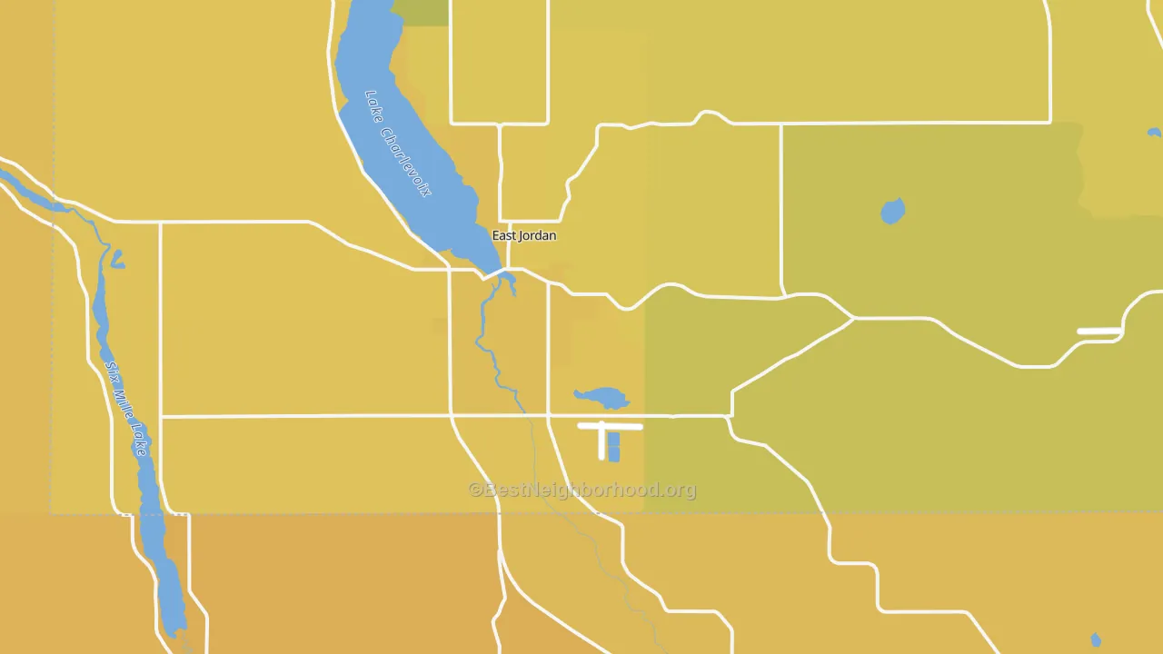 Map of the best neighborhoods in the East Jordan area, with better matches in green and worse matches in red