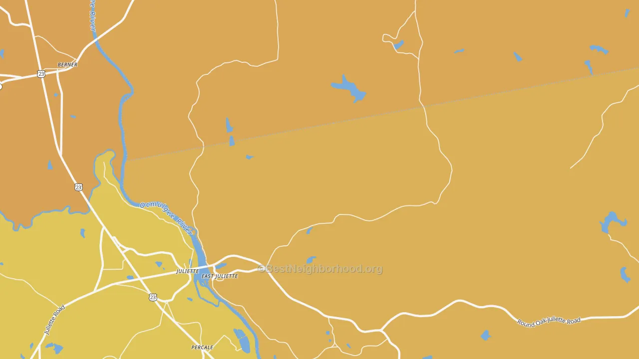 Map of the best neighborhoods in the East Juliette area, with better matches in green and worse matches in red