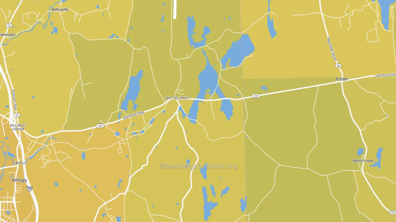 Map of the best neighborhoods in the East Killingly area, with better matches in green and worse matches in red