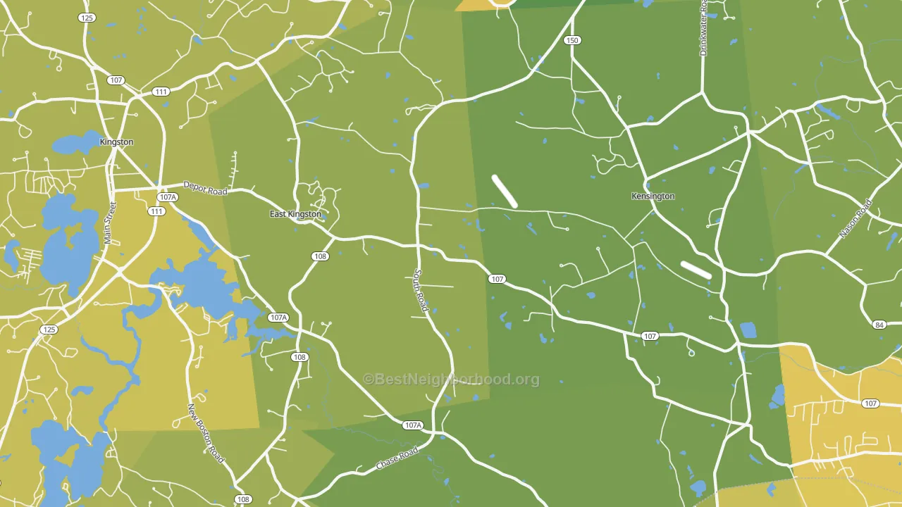 Map of the best neighborhoods in the East Kingston area, with better matches in green and worse matches in red