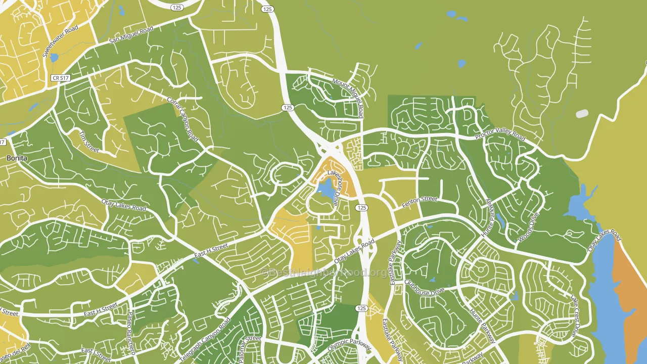 Map of the best neighborhoods in the East Lake, Chula Vista area, with better matches in green and worse matches in red