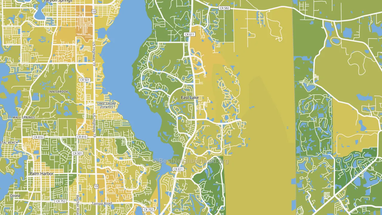 Map of the best neighborhoods in the East Lake area, with better matches in green and worse matches in red