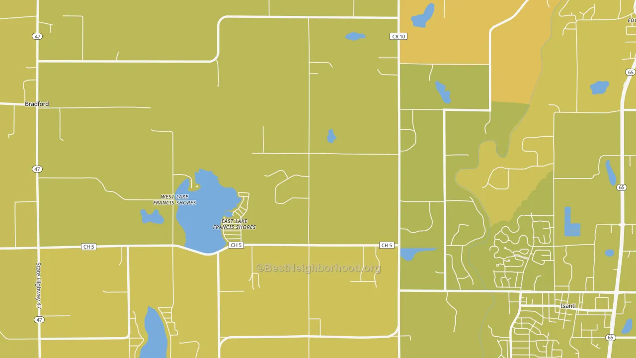 Map of the best neighborhoods in the East Lake Francis Shores area, with better matches in green and worse matches in red
