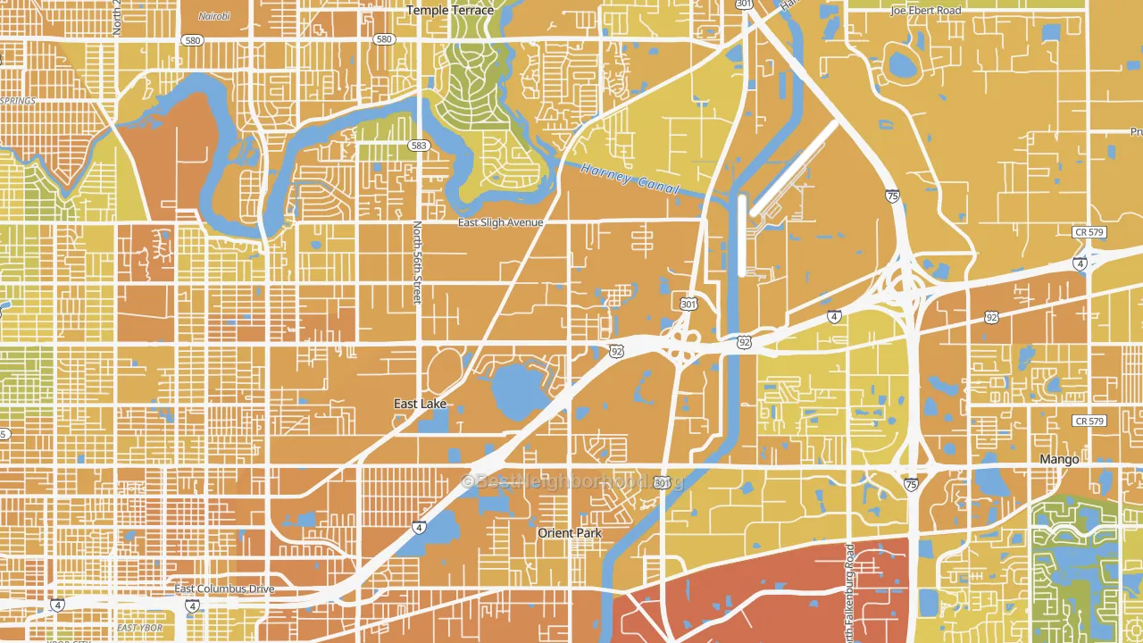 Map of the best neighborhoods in the East Lake-Orient Park area, with better matches in green and worse matches in red
