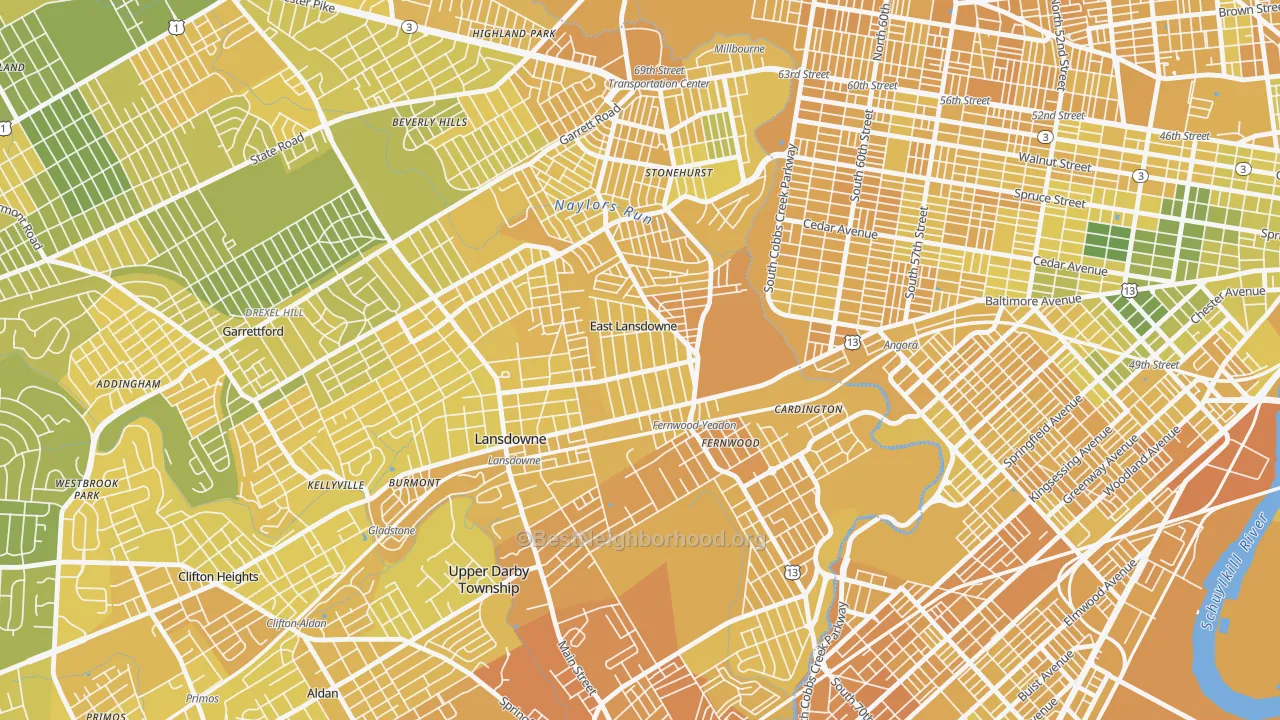 Map of the best neighborhoods in the East Lansdowne area, with better matches in green and worse matches in red