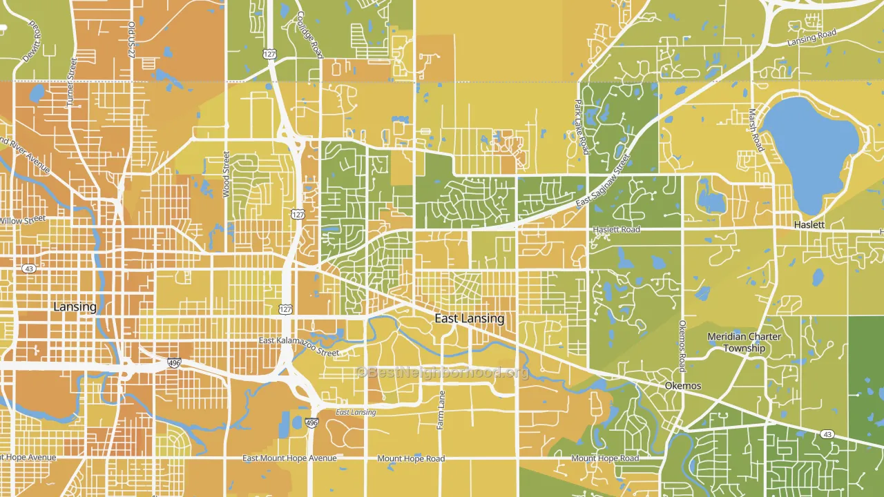 Map of the best neighborhoods in the East Lansing area, with better matches in green and worse matches in red