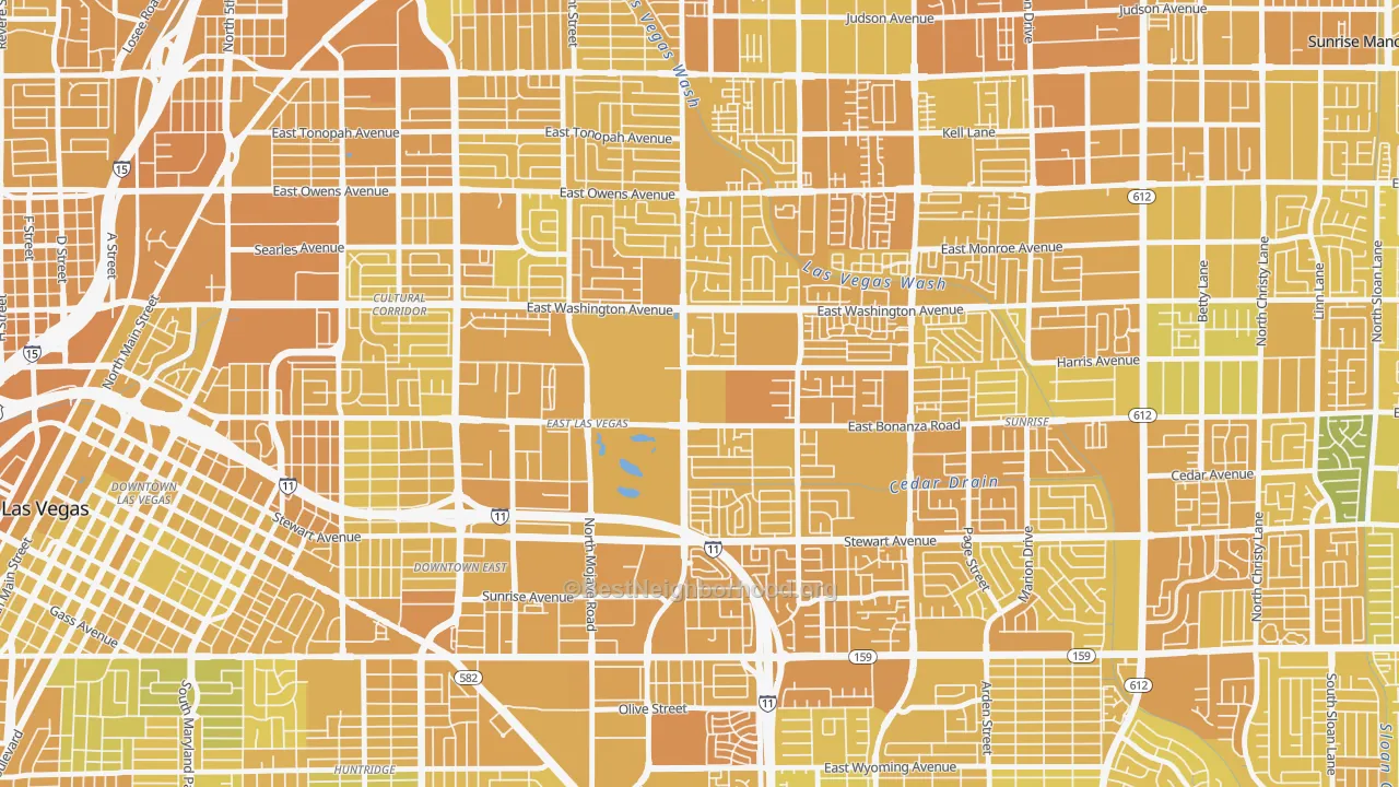 Map of the best neighborhoods in the East Las Vegas, Las Vegas area, with better matches in green and worse matches in red